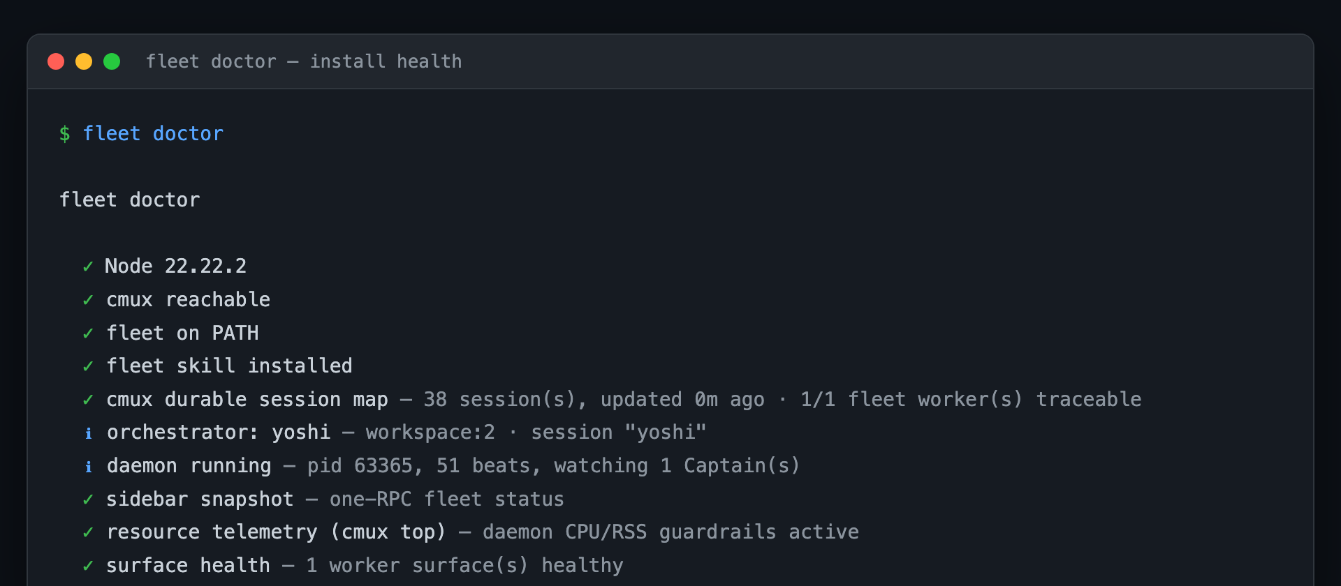 fleet doctor output: green checks for Node, cmux reachable, fleet on PATH, fleet skill installed, daemon running, surfaces healthy