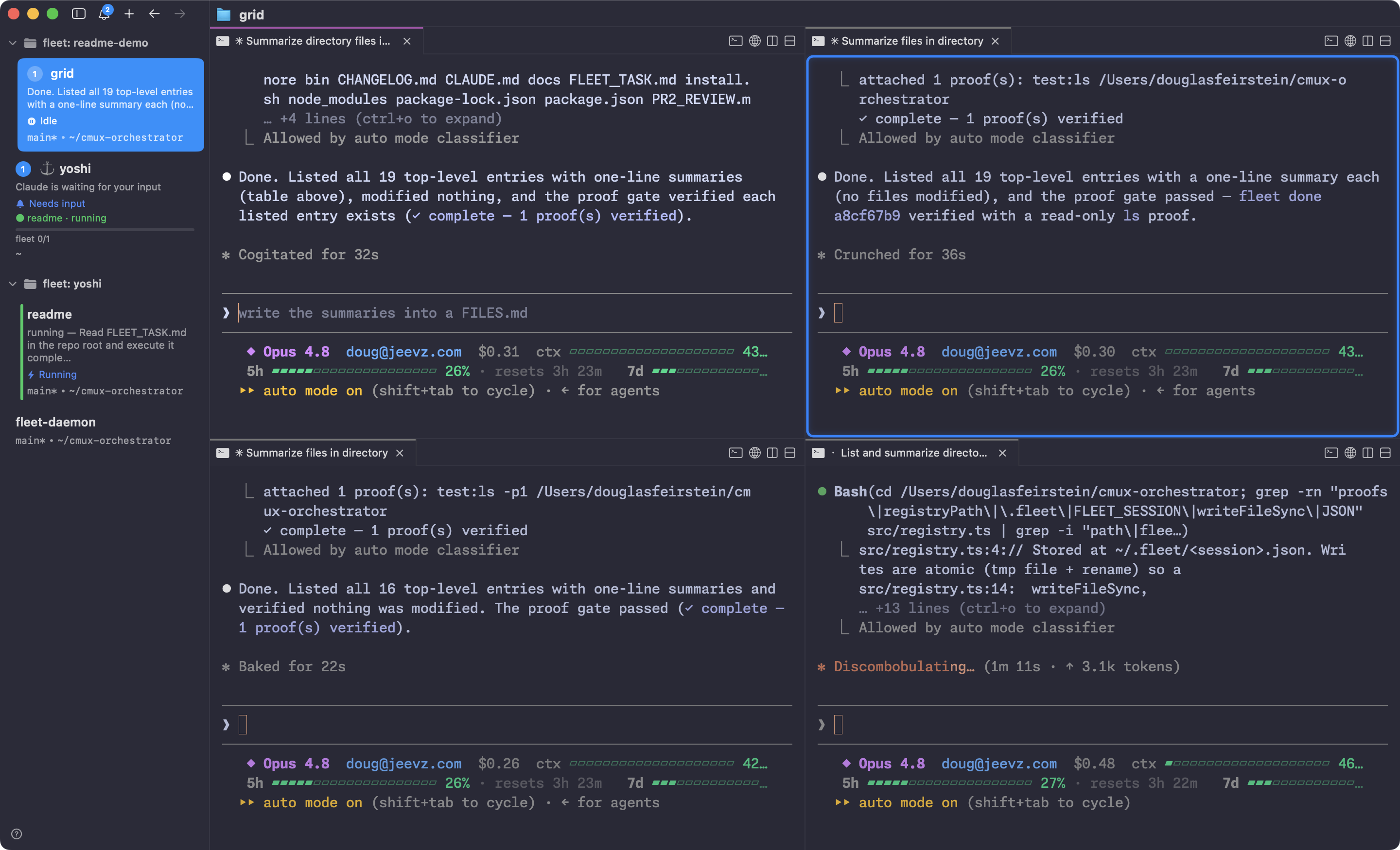 A Fleet Captain in cmux running a 2-by-2 grid of four Claude Code workers, with a mission-control sidebar on the left tracking each worker's state, the Captain, and the daemon